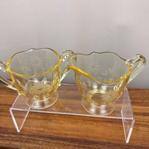 Lancaster Jubilee Yellow Glass Creamer and Sugar Bowl Set Vintage Etched Floral